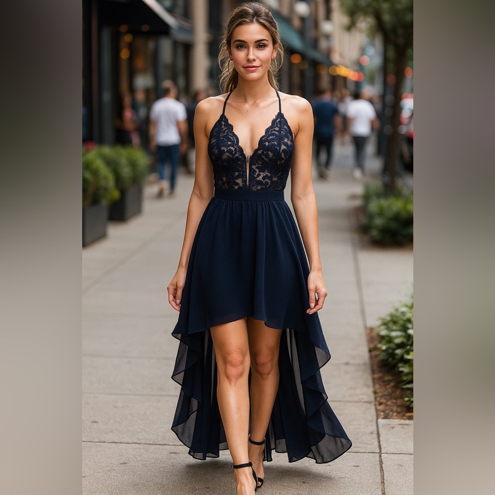 NWT Love, Nickie Lew - Lace High/Low Chiffon Dress